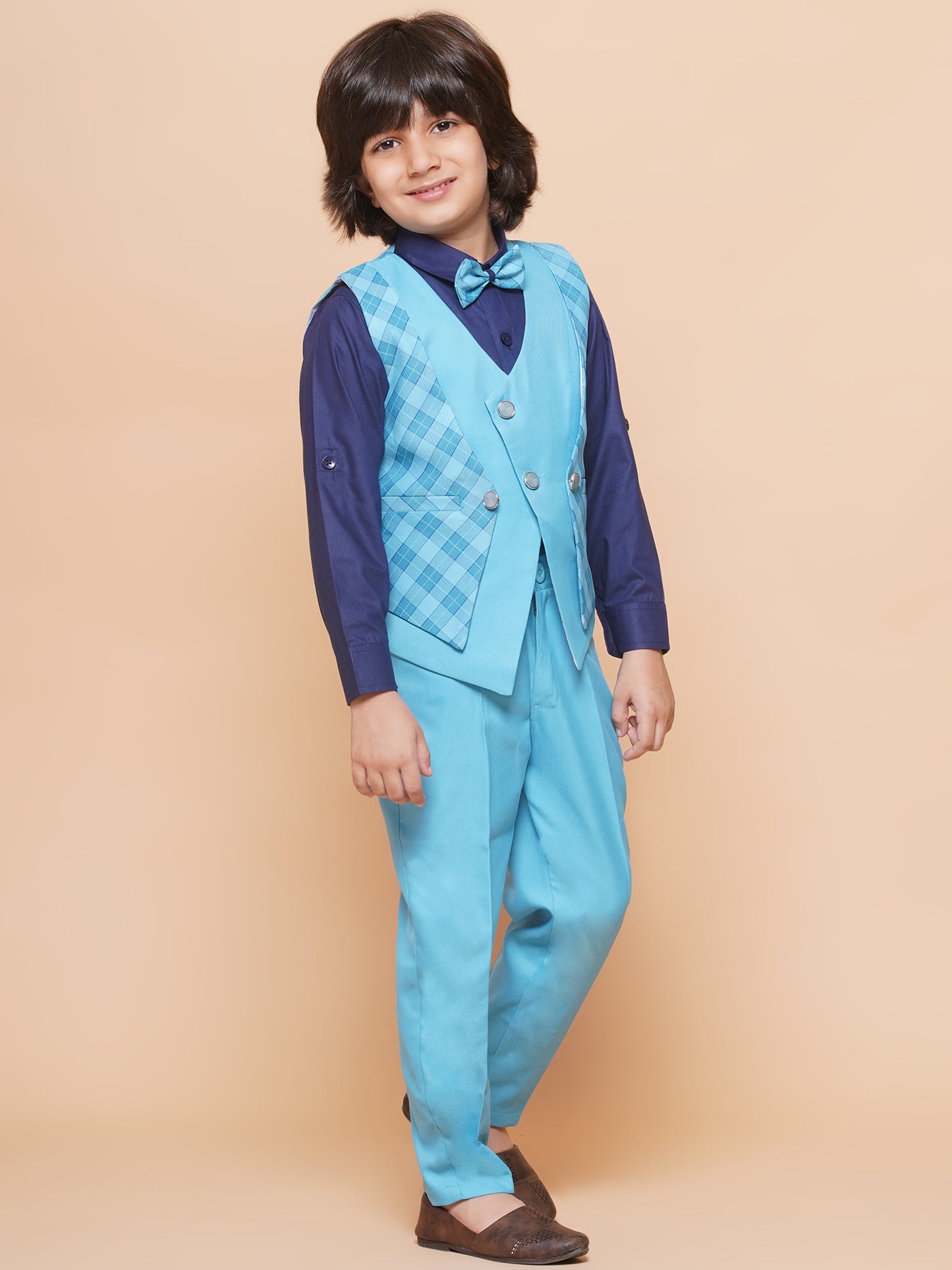 Kids Blue Suiting Fabric Checkered Suit Set For Boys