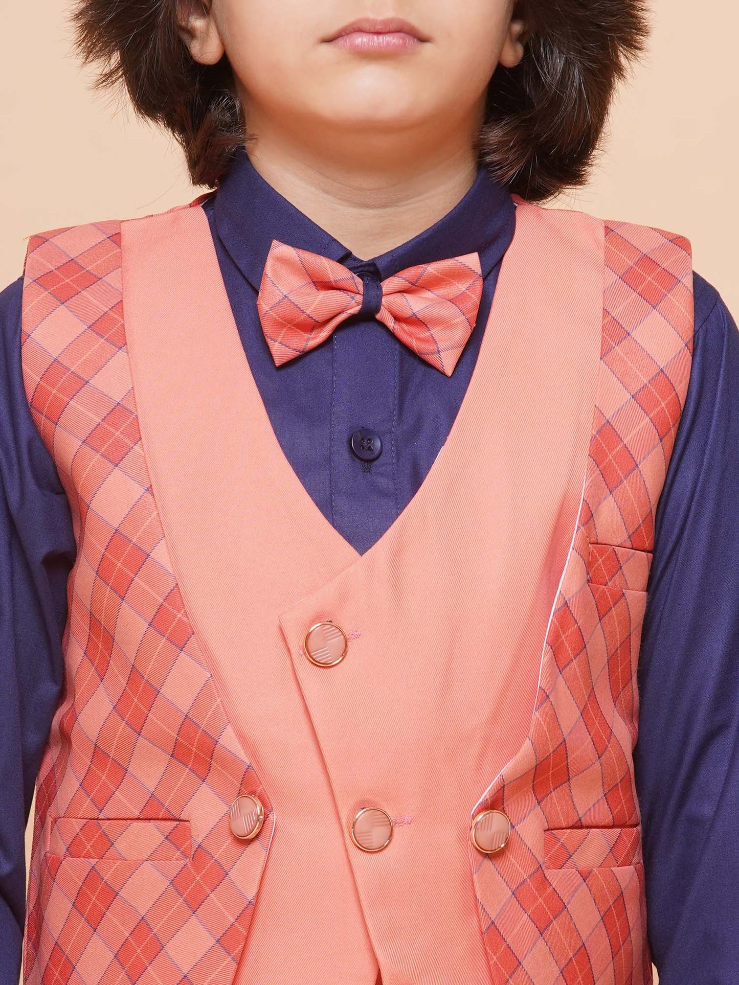 Kids Peach Suiting Fabric Checkered Suit Set For Boys