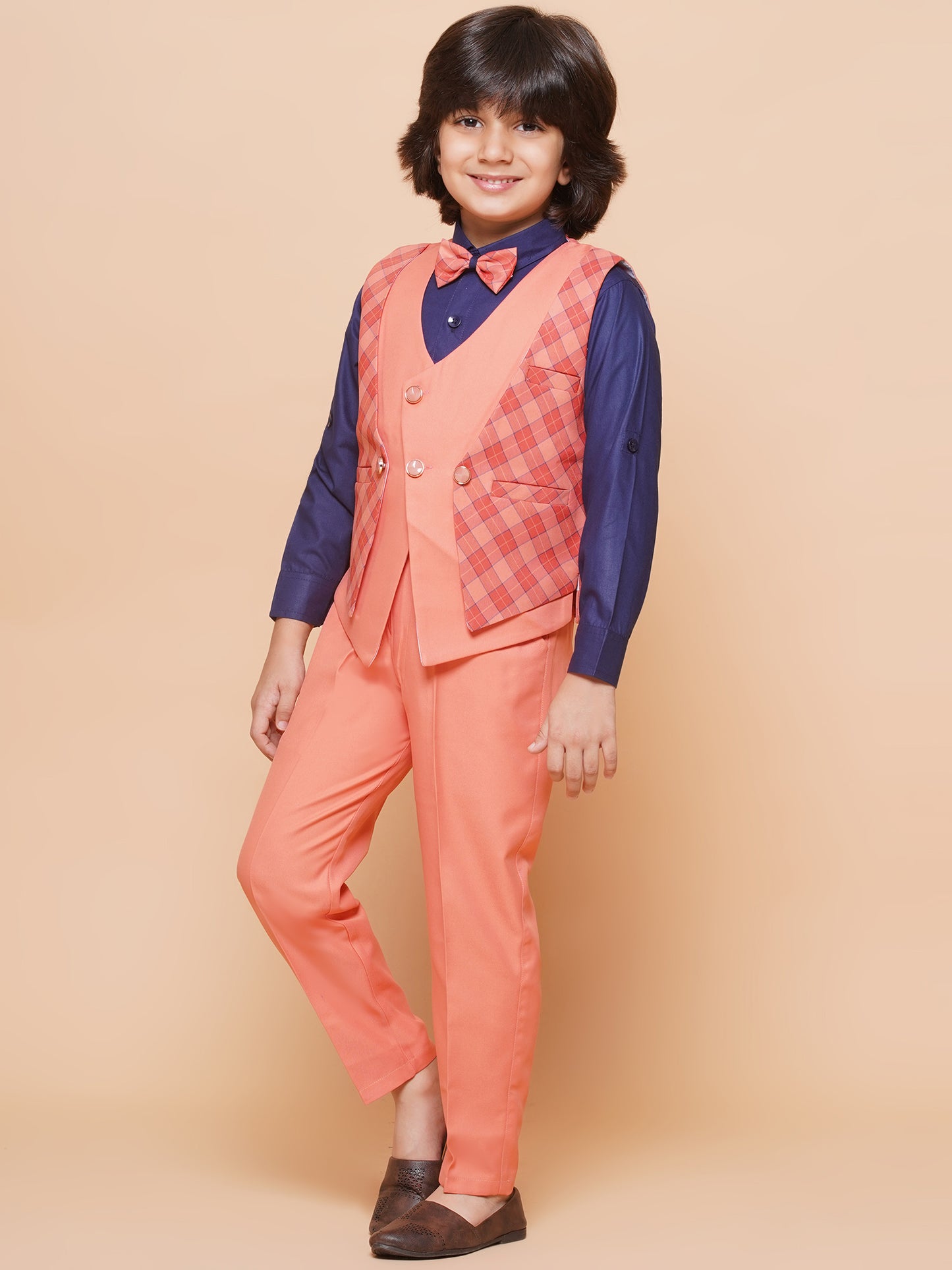 Kids Peach Suiting Fabric Checkered Suit Set For Boys