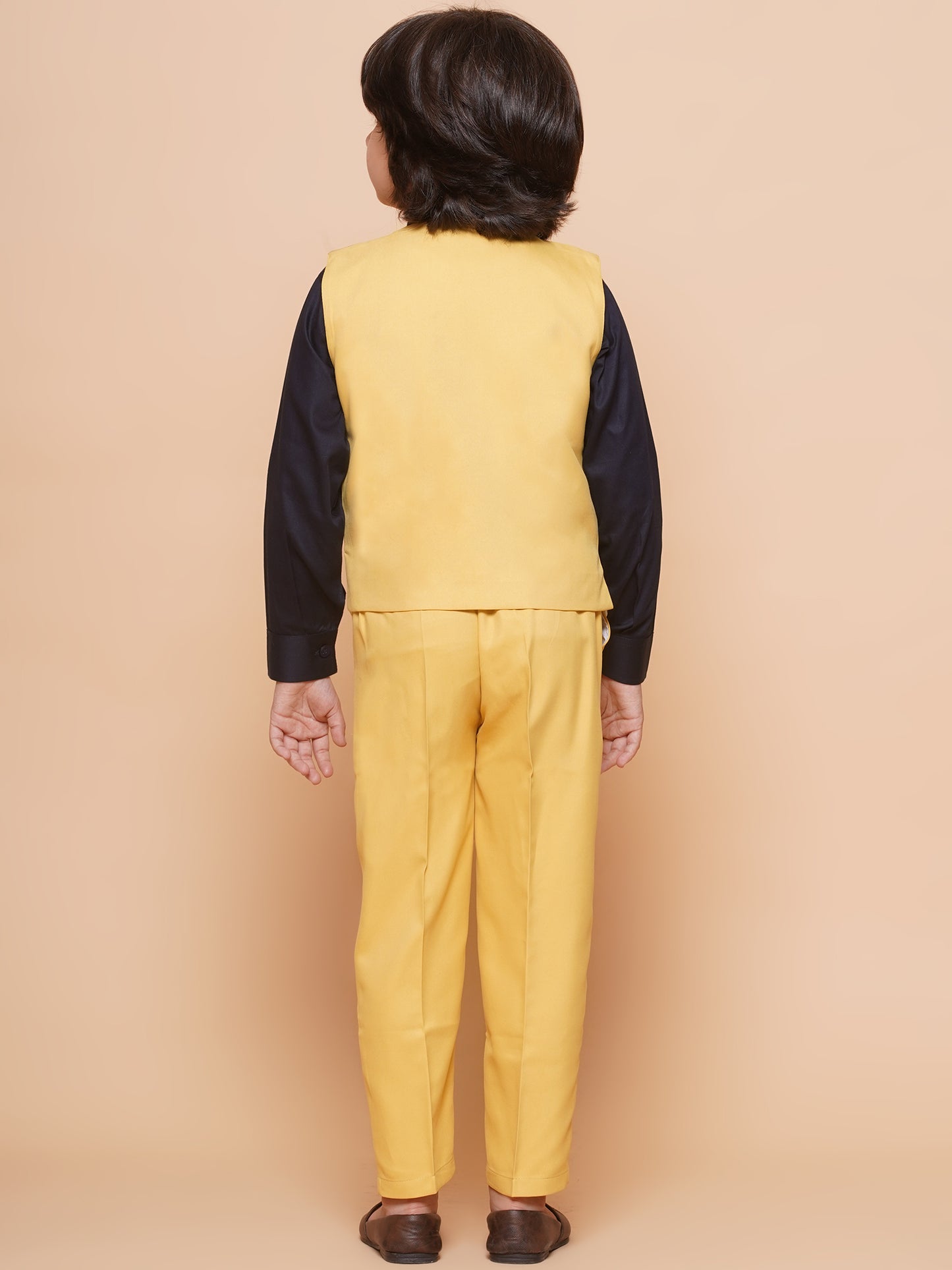 Kids Boys Yellow Checkered Cotton Blend Shirt Pant Waistcoat