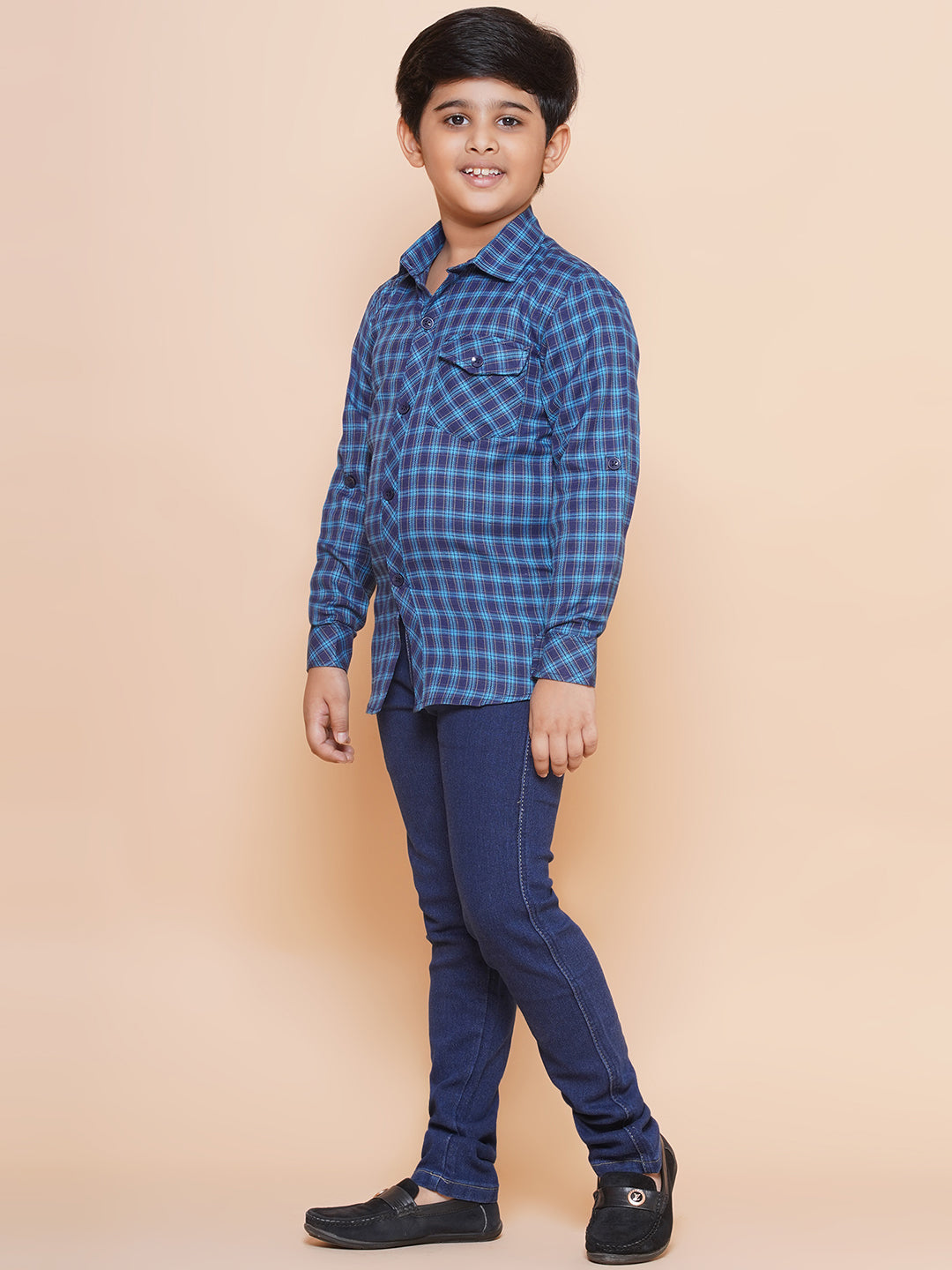 Kids Boys Navy Blue Checkered Cotton Top & Bottom Set - AJ Dezines
