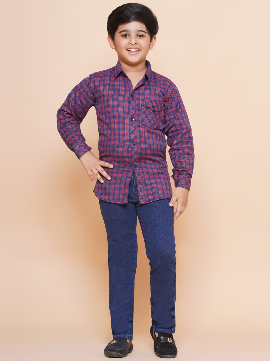 Boys Red Regular Fit Shirt and Jeans Clothing Set