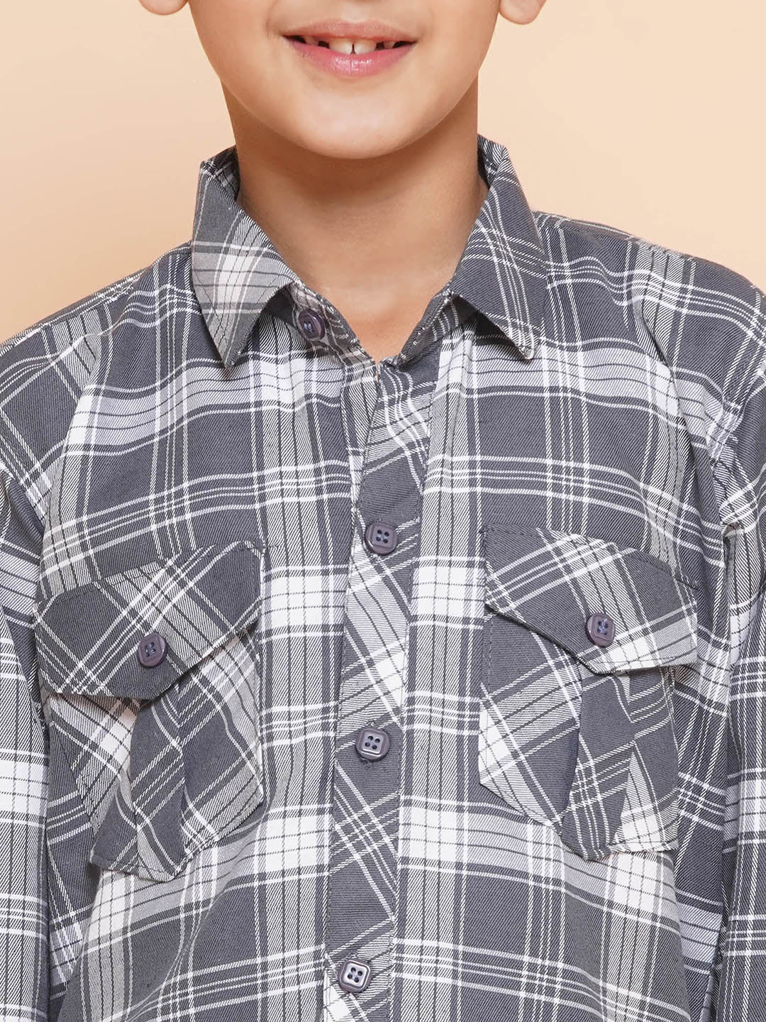 Kids Boys Grey Checkered Cotton Top & Bottom Set