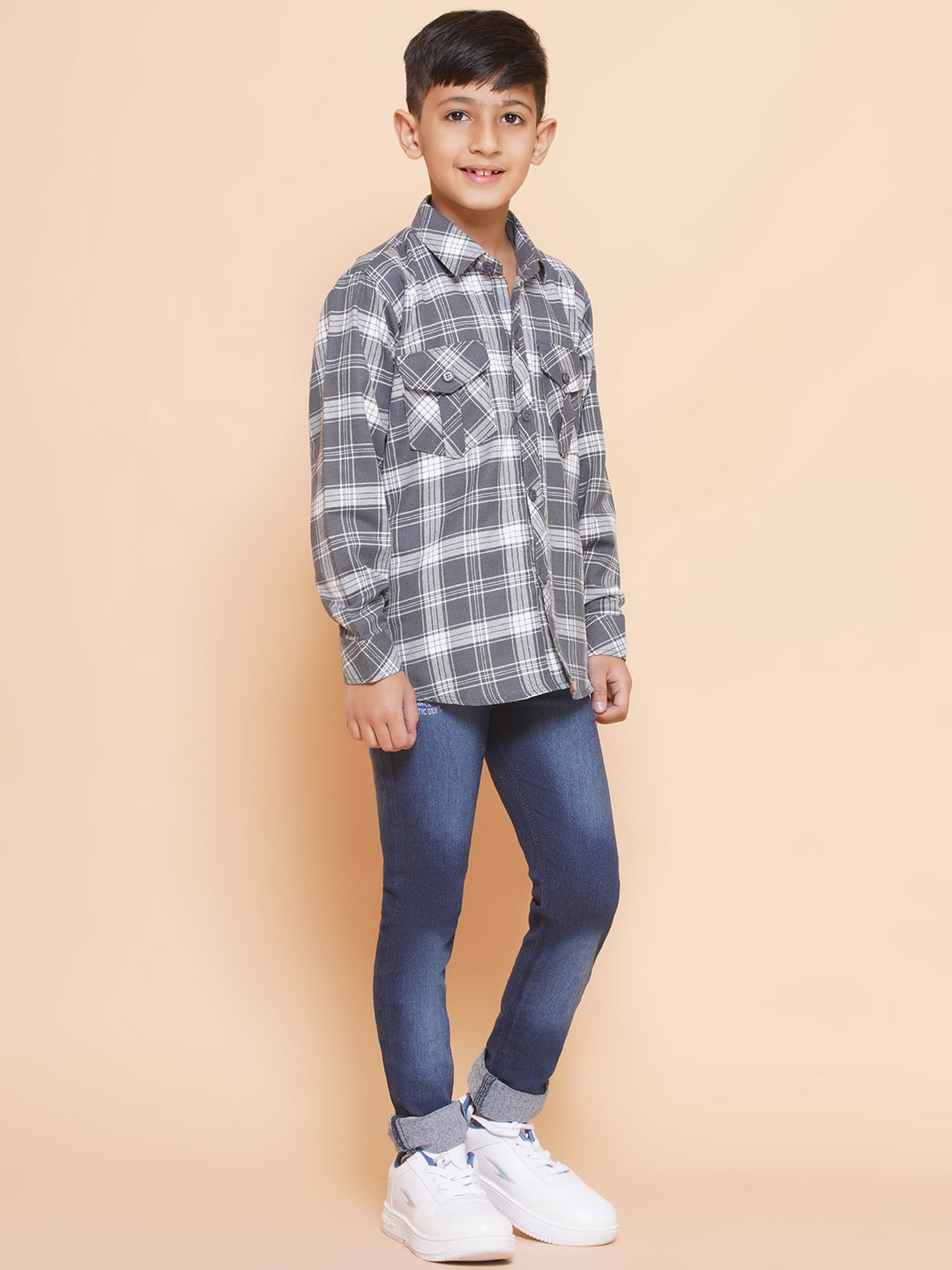 Kids Boys Grey Checkered Cotton Top & Bottom Set