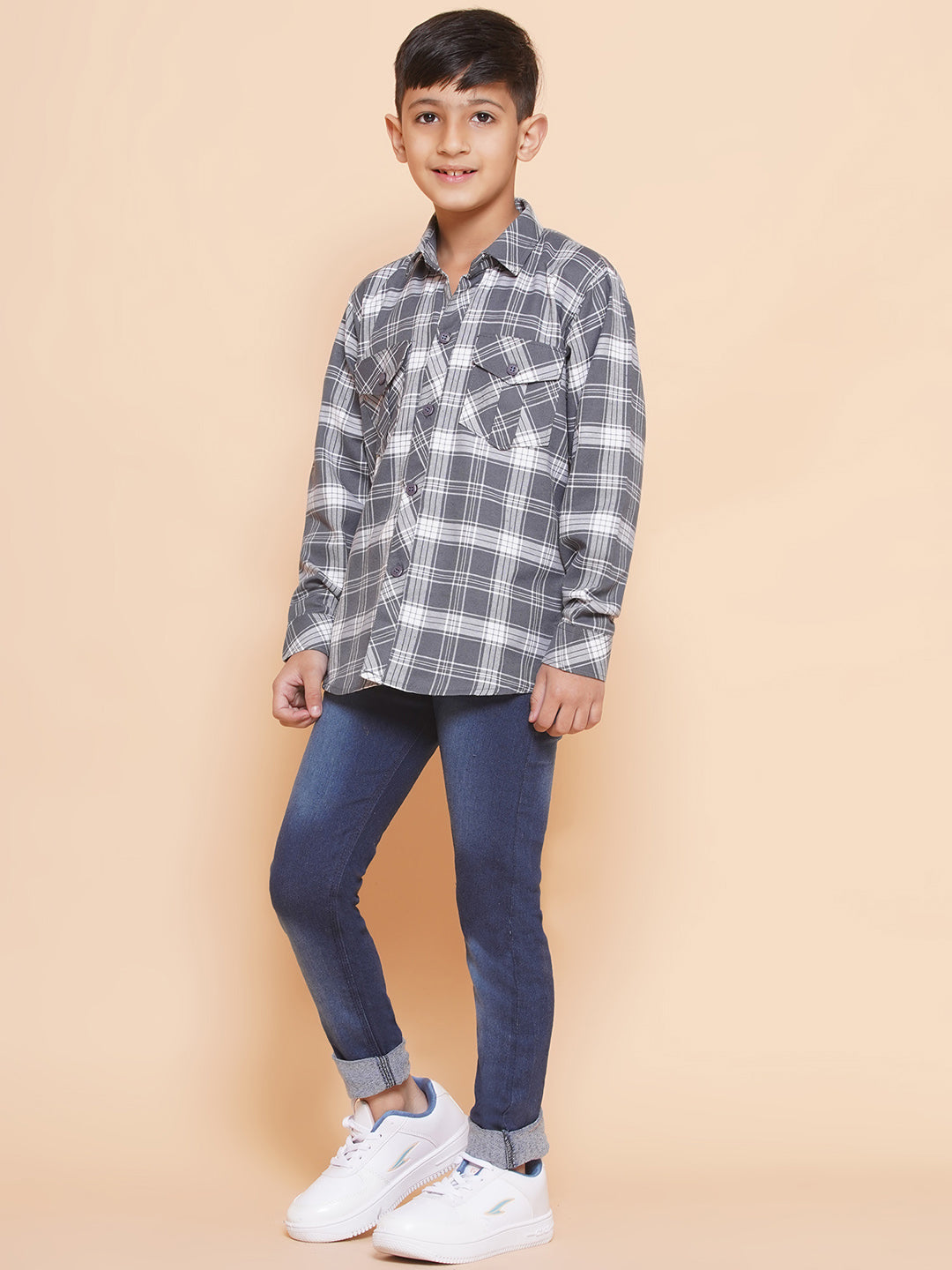 Kids Boys Grey Checkered Cotton Top & Bottom Set