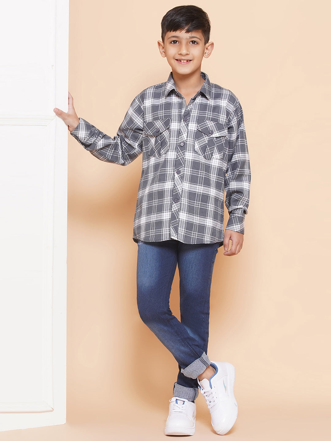 Kids Boys Grey Checkered Cotton Top & Bottom Set
