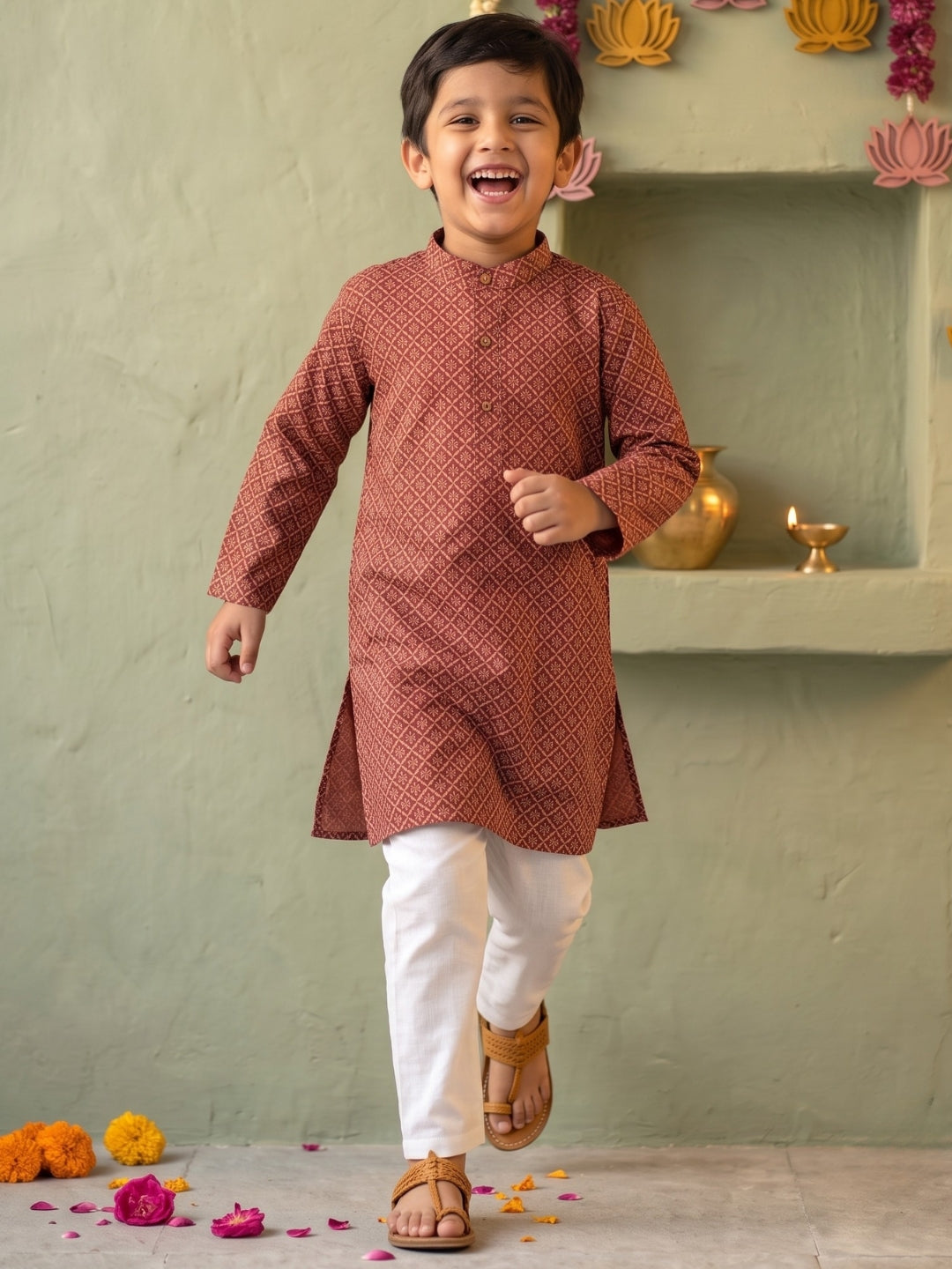 AJ Dezines Red Floral Geometric Print Cotton Blend Kurta Pyjama Set For Boys