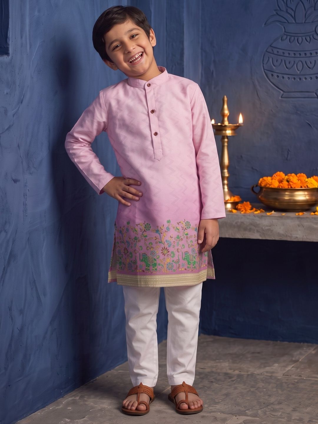AJ Dezines Pink Elephant Printed Cotton Blend Kurta Pyjama Set For Boys