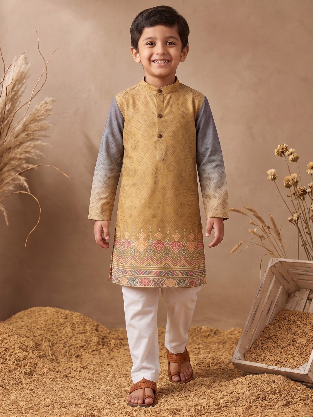 AJ Dezines Mustard Ethnic Print Cotton Blend Kurta Pyjama Set For Boys