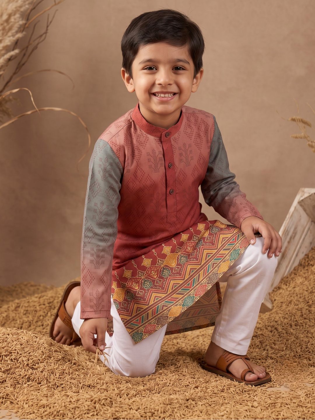 AJ Dezines Red Ethnic Print Cotton Blend Kurta Pyjama Set For Boys