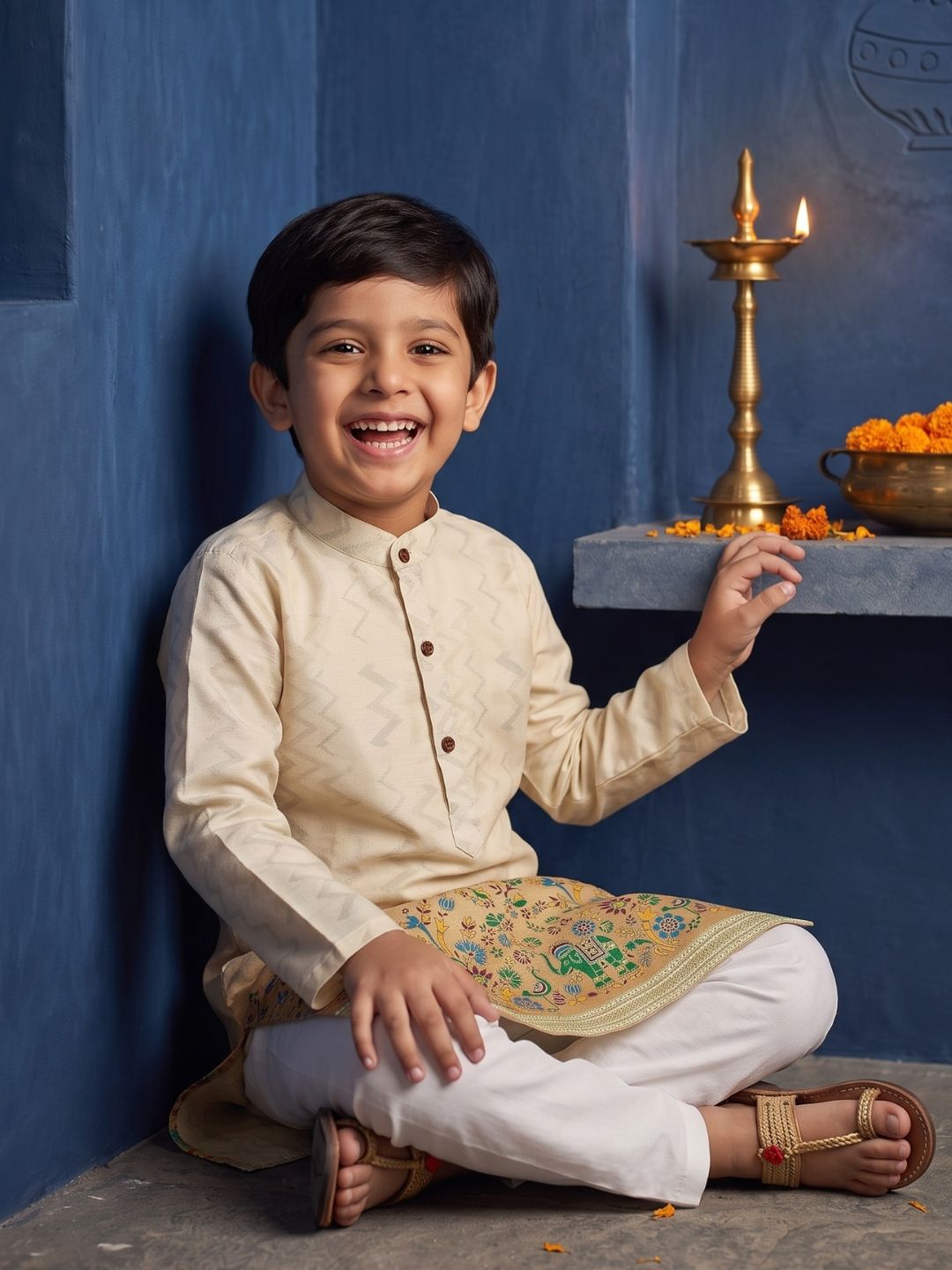 AJ Dezines Yellow Elephant Printed Cotton Blend Kurta Pyjama Set For Boys