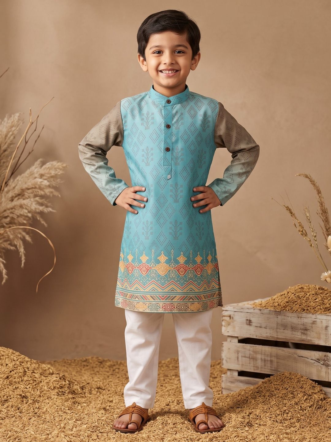 AJ Dezines Sky Blue Ethnic Print Cotton Blend Kurta Pyjama Set For Boys