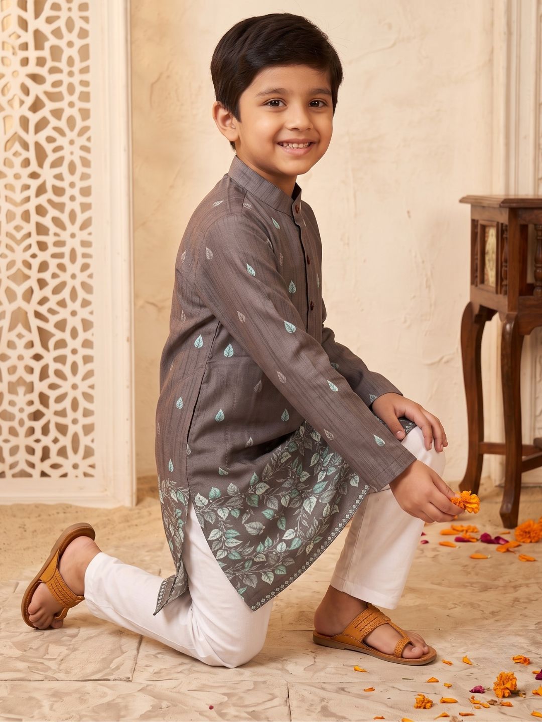 AJ Dezines Brown Leaf Print Cotton Blend Kurta Pyjama Set For Boys