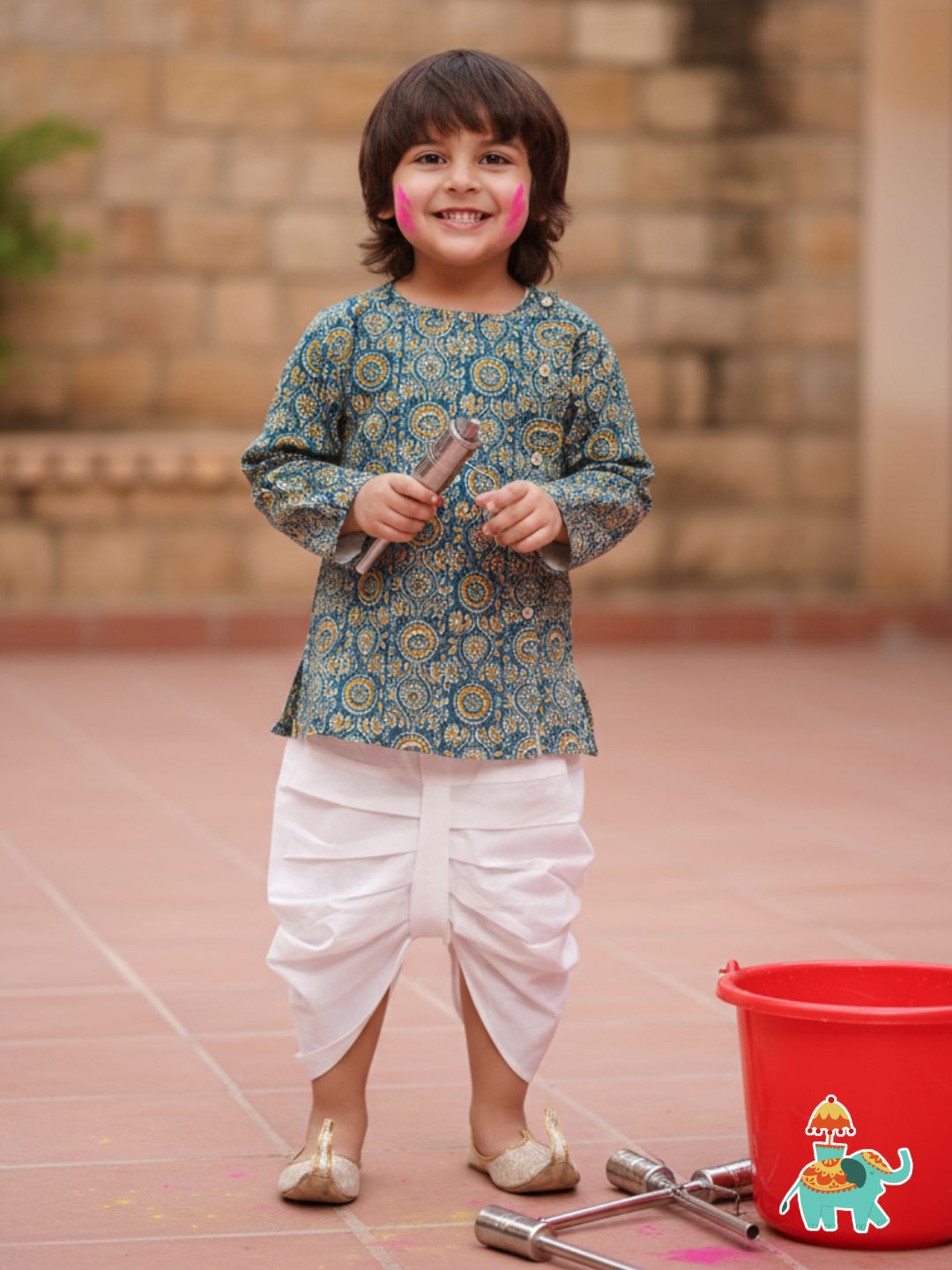 Holi Turquoise Pure Cotton Full sleeves Abstract Print Dhoti Set for Boys