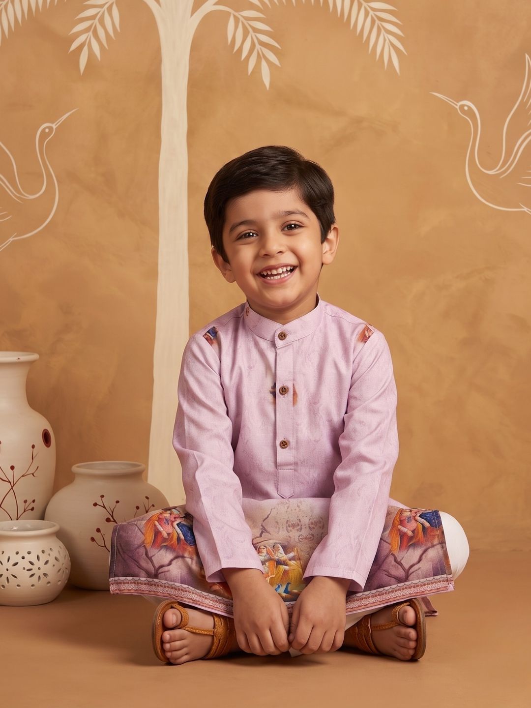 AJ Dezines Pink Mythological Print Cotton Blend Kurta Pyjama Set For Boys
