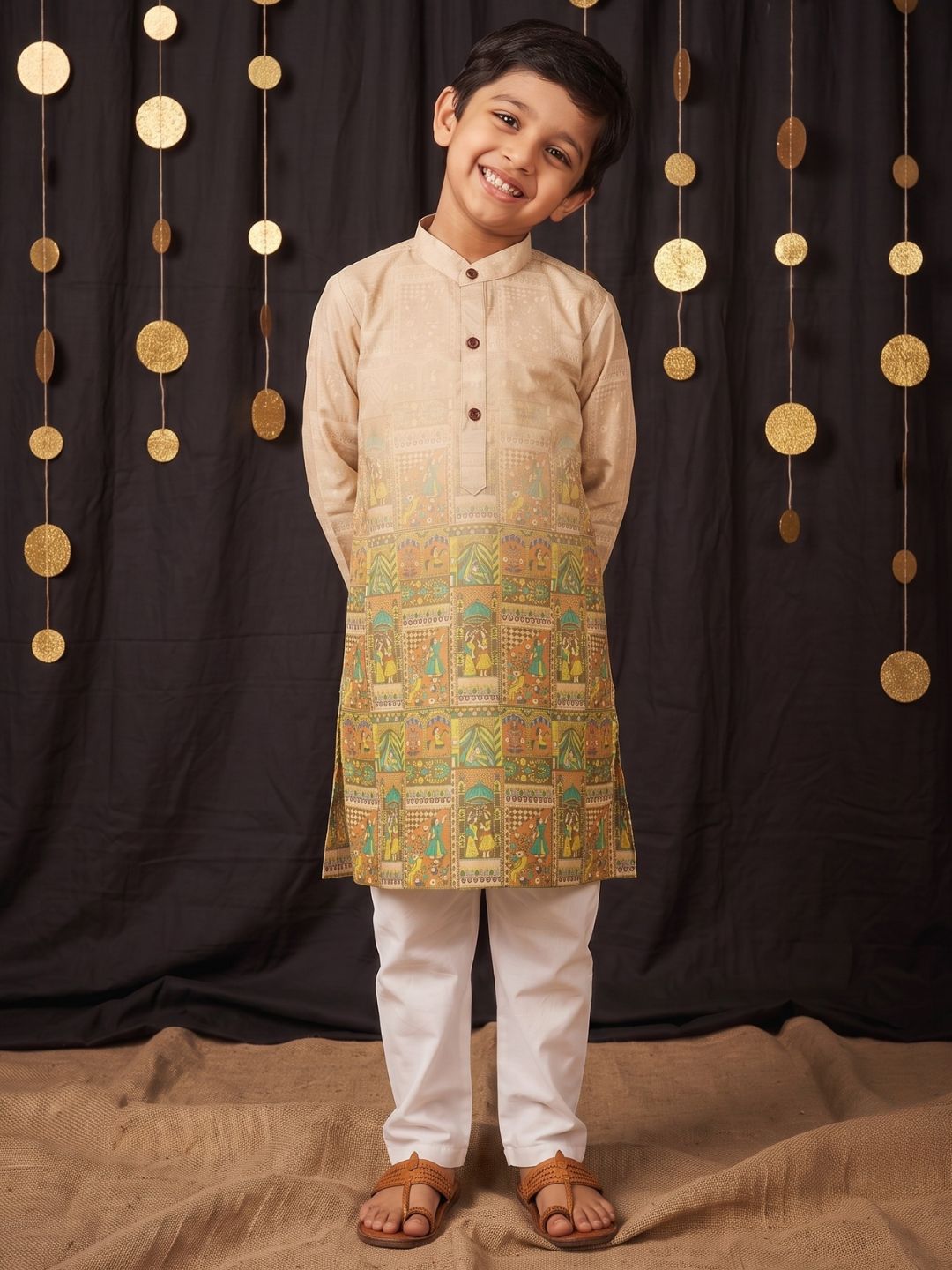 AJ Dezines Yellow Ethnic Print Cotton Blend Kurta Pyjama Set For Boys