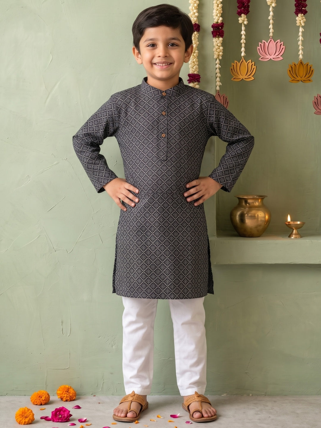 AJ Dezines Black Floral Geometric Print Cotton Blend Kurta Pyjama Set For Boys