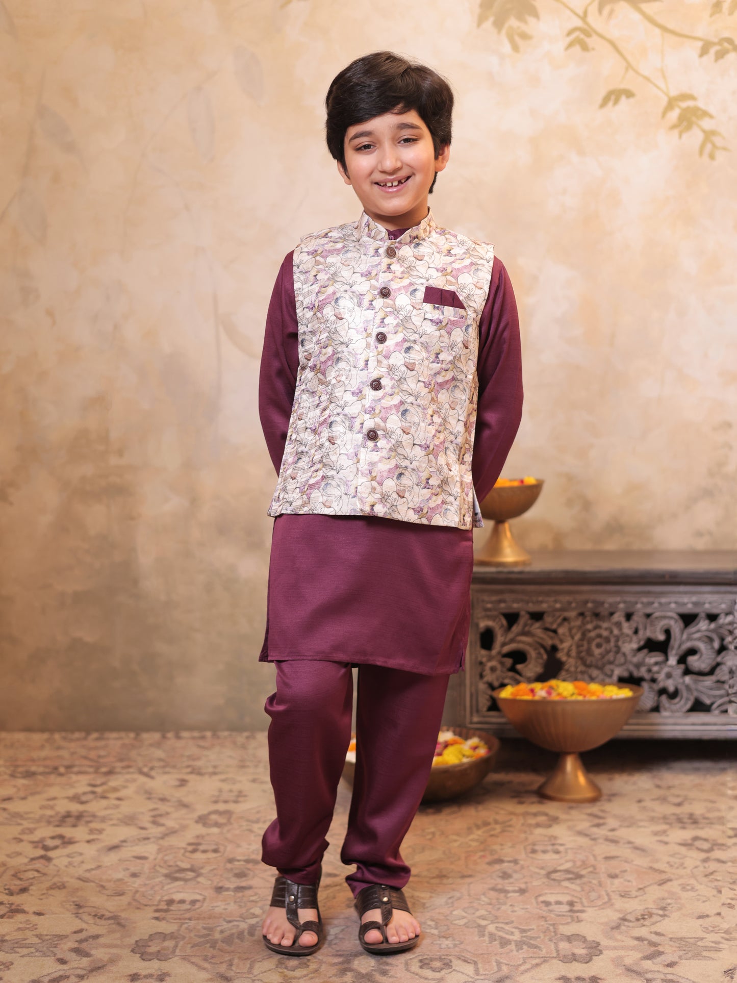 Boys Wine Cotton Blend Kurta Pyjama with Full Sleeves & Floral Print Waistcoat