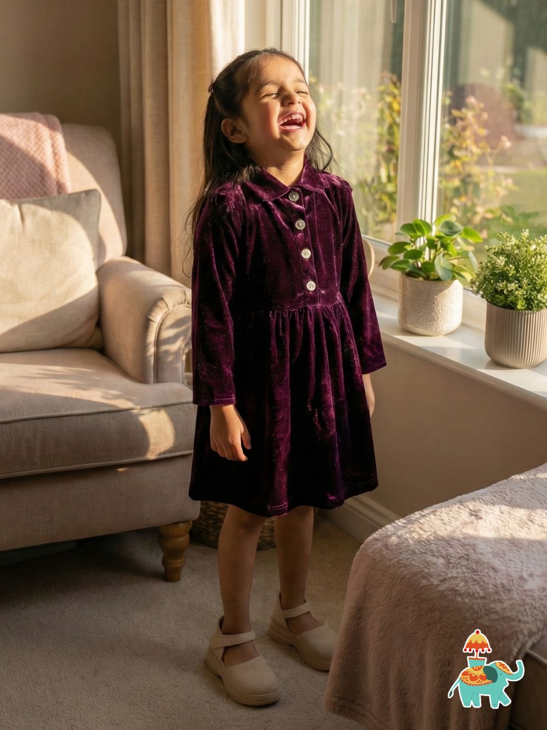 Purple Velvet Full Sleeves Solid Frock