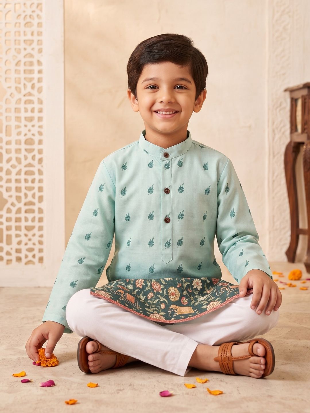 AJ Dezines Green Floral Elephant Printed Cotton Blend Kurta Pyjama Set For Boys