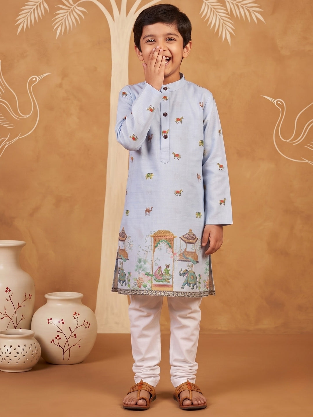 AJ Dezines Blue Elephant & Traditional Ethnic Print Cotton Blend Kurta Pyjama Set For Boys