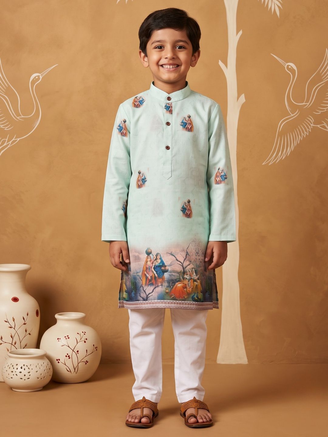 AJ Dezines Green Mythological Print Cotton Blend Kurta Pyjama Set For Boys