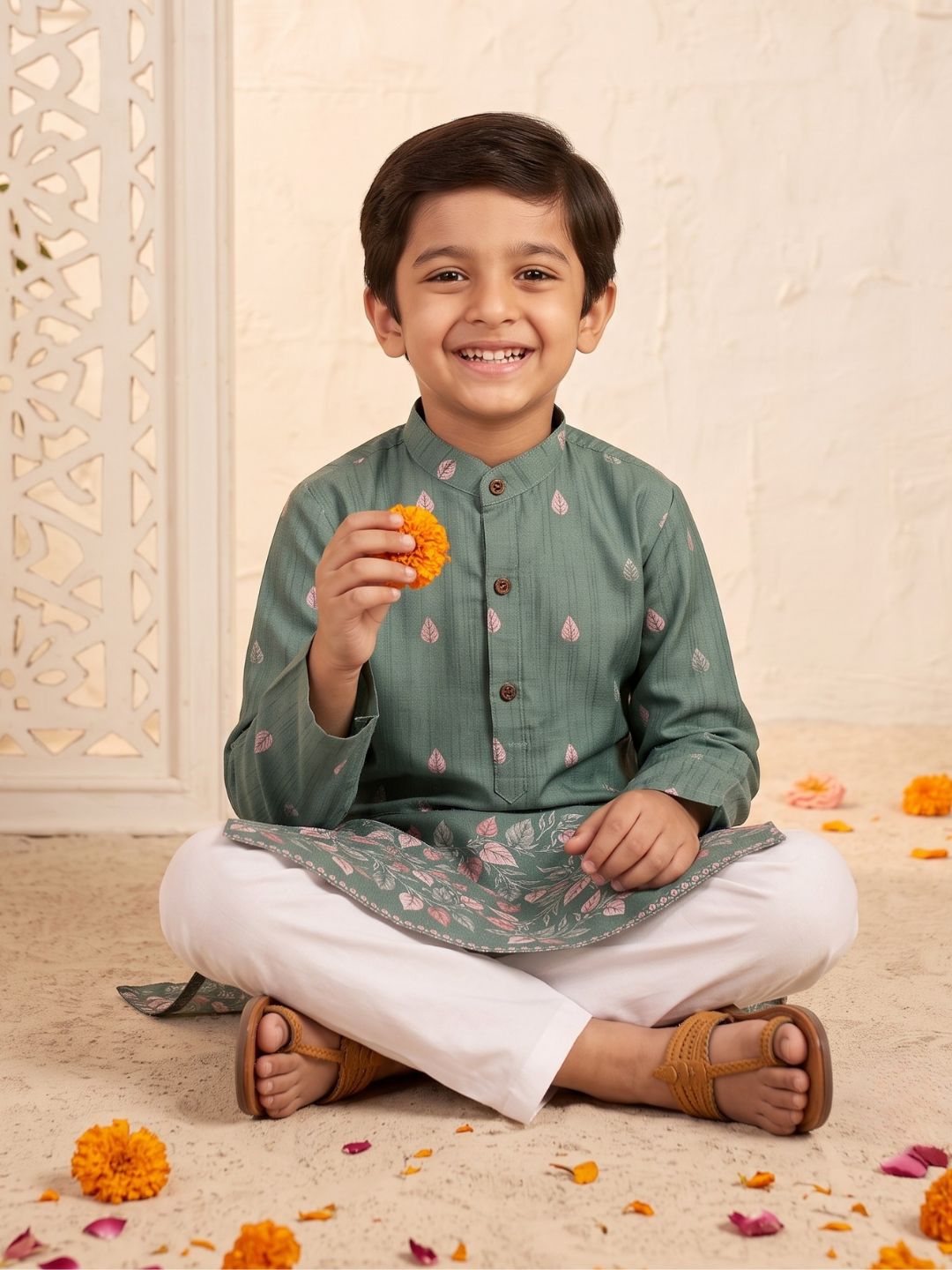 AJ Dezines Green Leaf Print Cotton Blend Kurta Pyjama Set For Boys