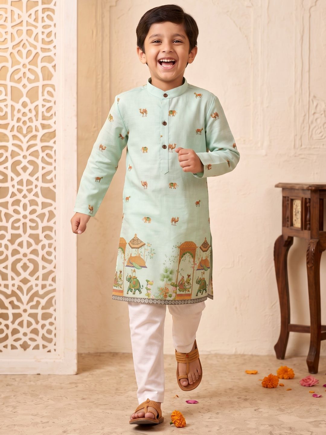 AJ Dezines Green Elephant & Traditional Ethnic Print Cotton Blend Kurta Pyjama Set For Boys