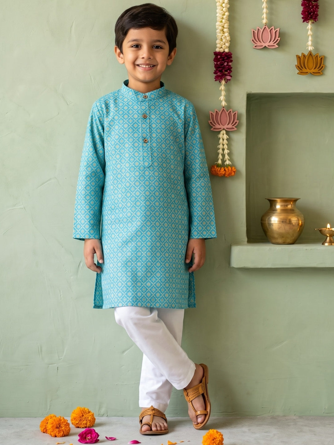 AJ Dezines Blue Floral Geometric Print Cotton Blend Kurta Pyjama Set For Boys