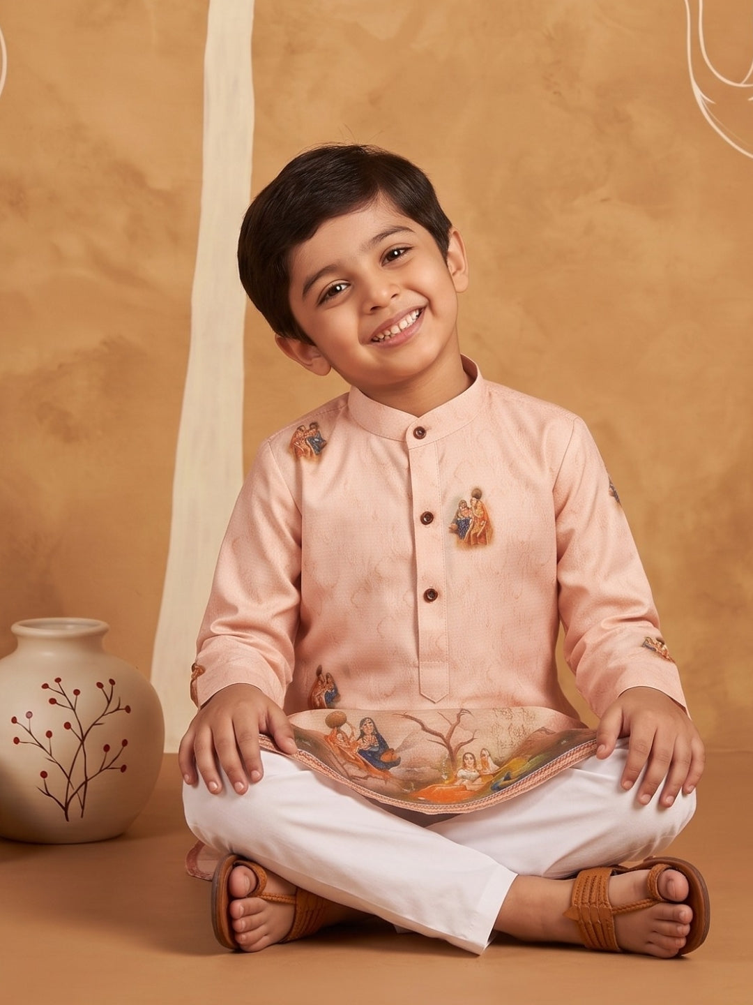 AJ Dezines Peach Mythological Print Cotton Blend Kurta Pyjama Set For Boys