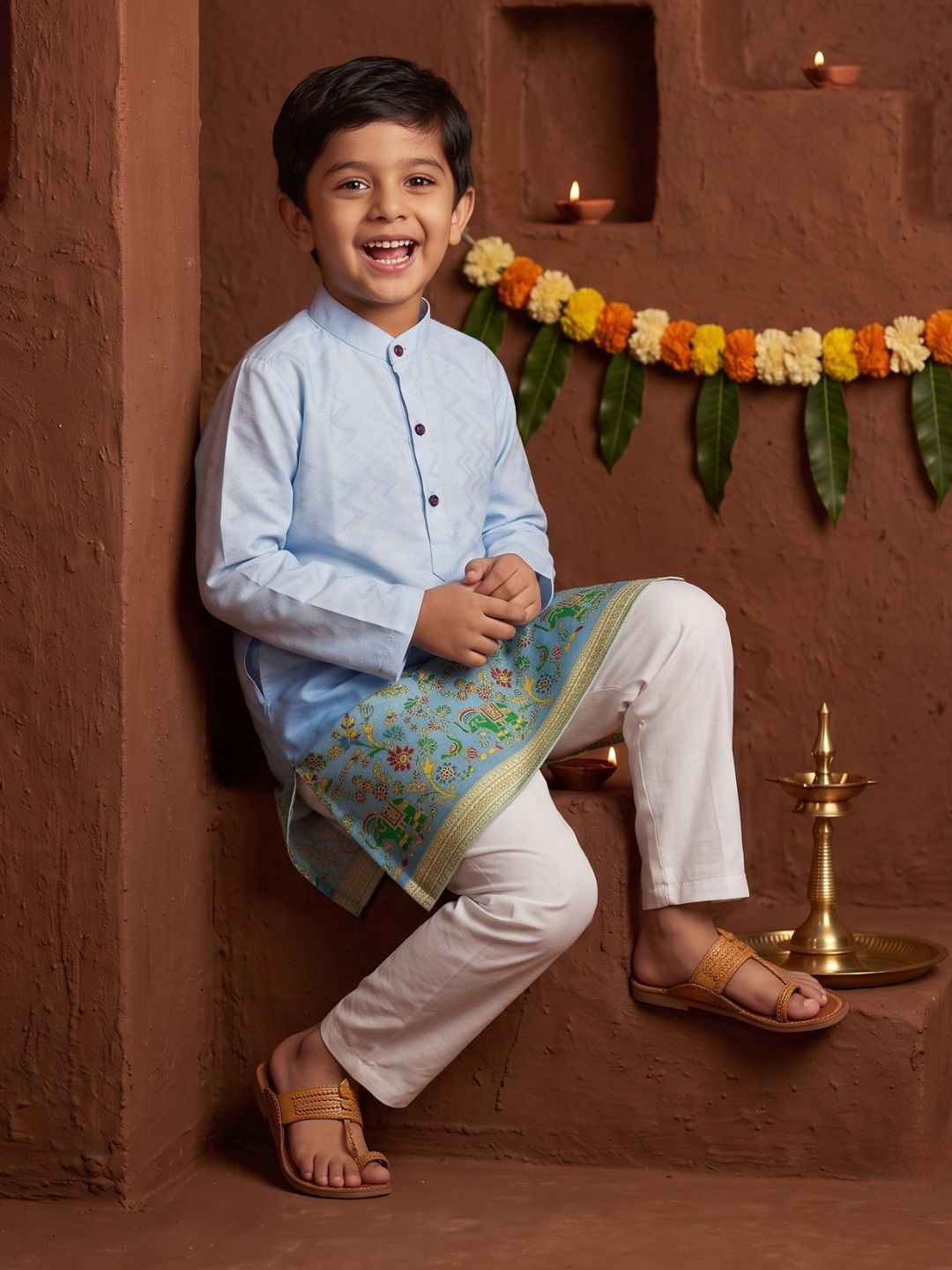 AJ Dezines Blue Elephant Printed Cotton Blend Kurta Pyjama Set For Boys