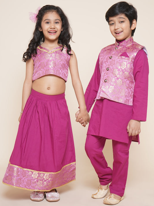 Boys Kurta Pyjamas with Waistcoat and Girls Lehenga Choli Sibling Sets-Pink