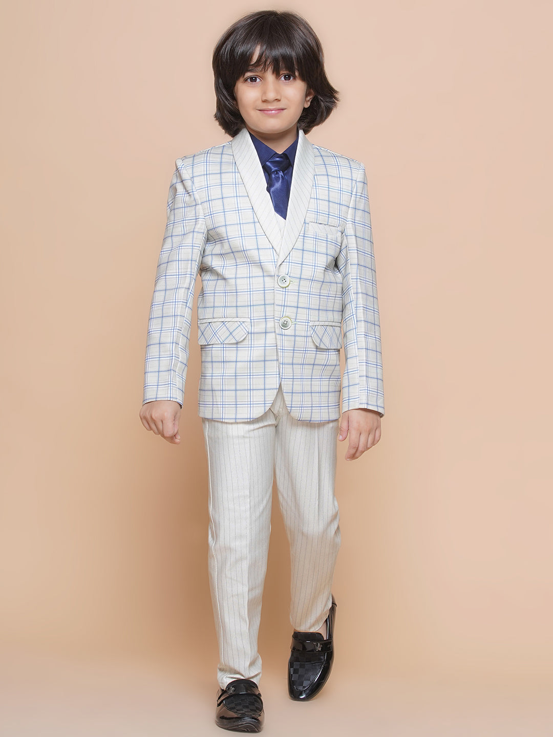 Boys Kids Check Light Green Cotton Blend Suit Set