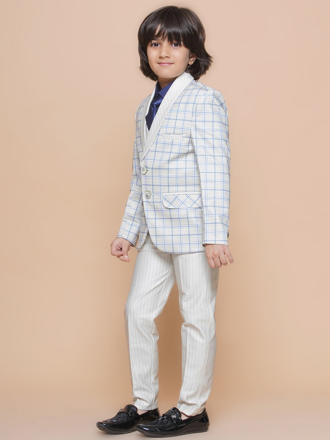 Boys Kids Check Light Green Cotton Blend Suit Set