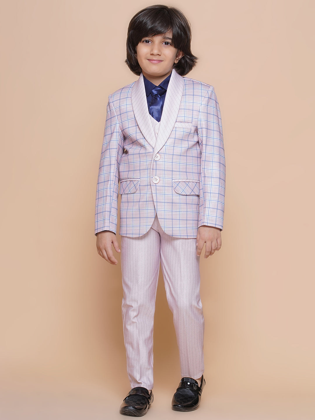 Boys Kids Check Light Pink Cotton Blend Suit Set - AJ Dezines