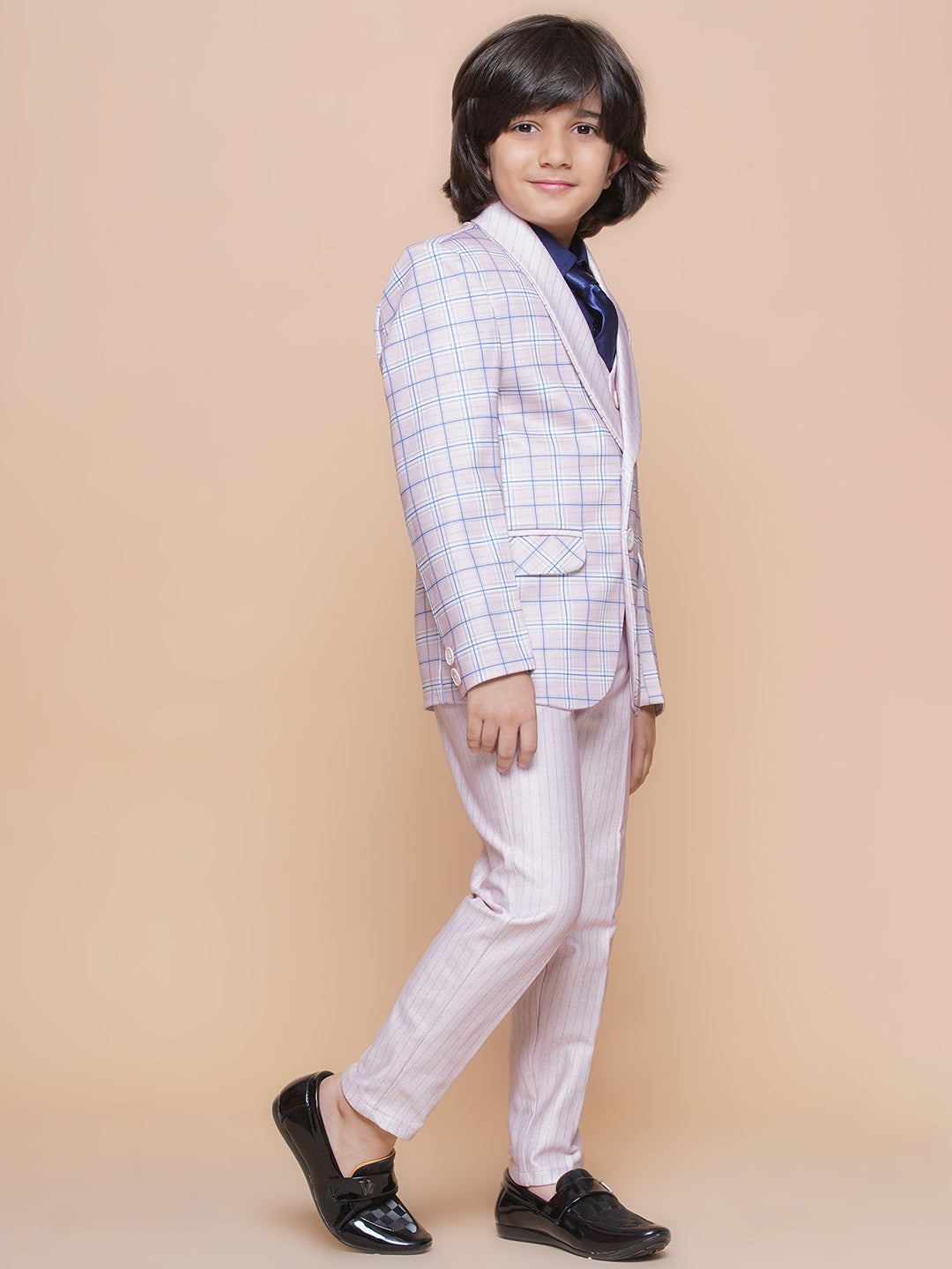 Boys Kids Check Light Pink Cotton Blend Suit Set