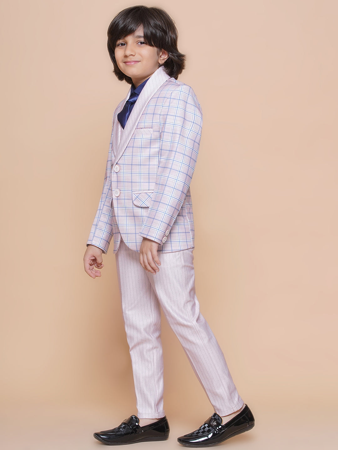 Boys Kids Check Light Pink Cotton Blend Suit Set