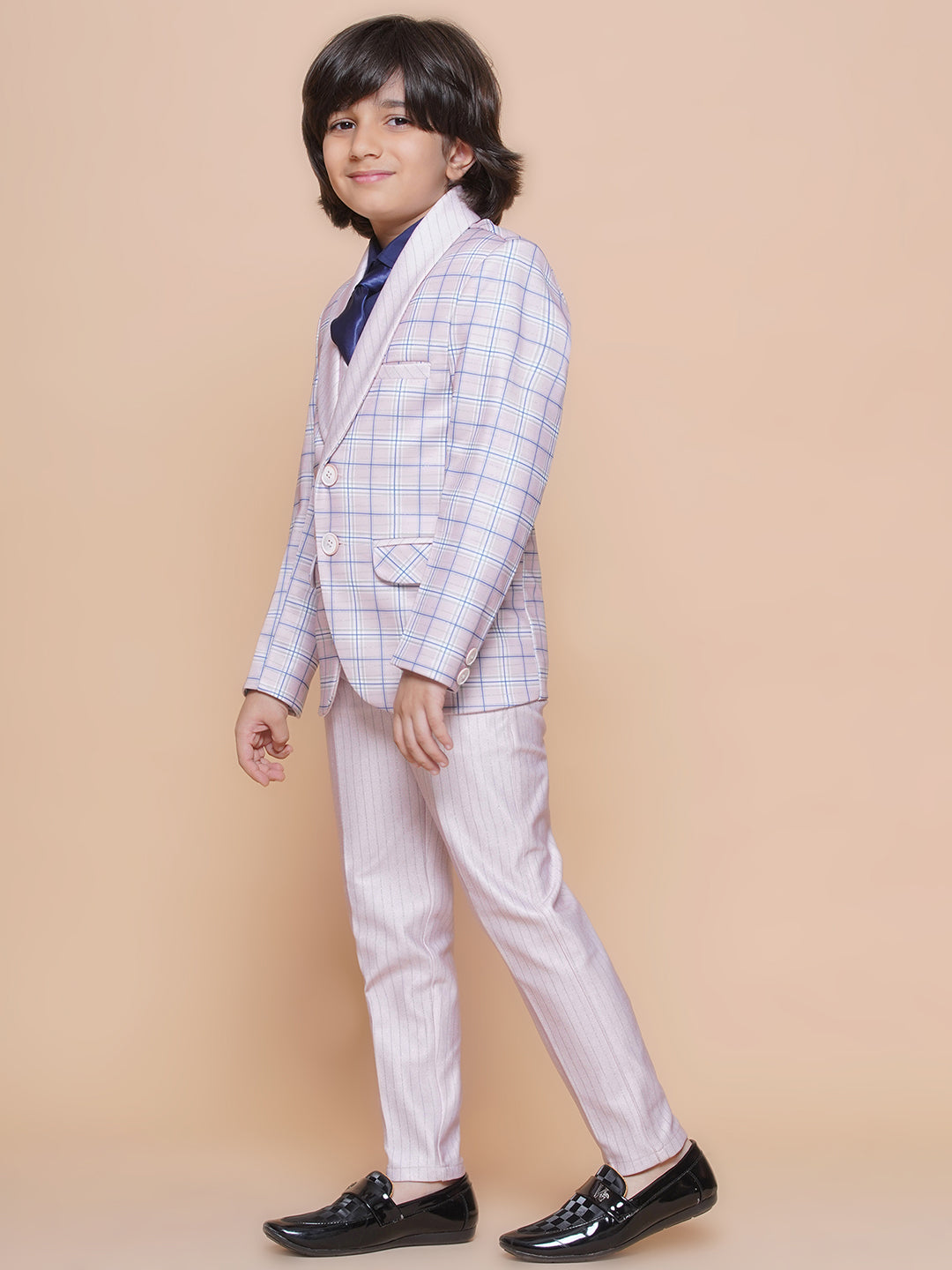 Boys Kids Check Light Pink Cotton Blend Suit Set - AJ Dezines