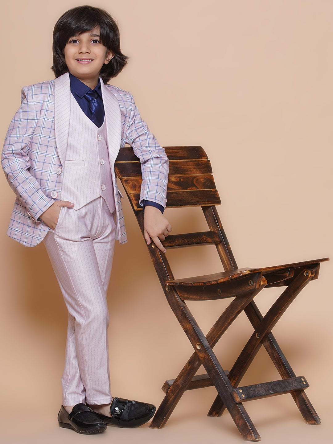 Boys Kids Check Light Pink Cotton Blend Suit Set - AJ Dezines