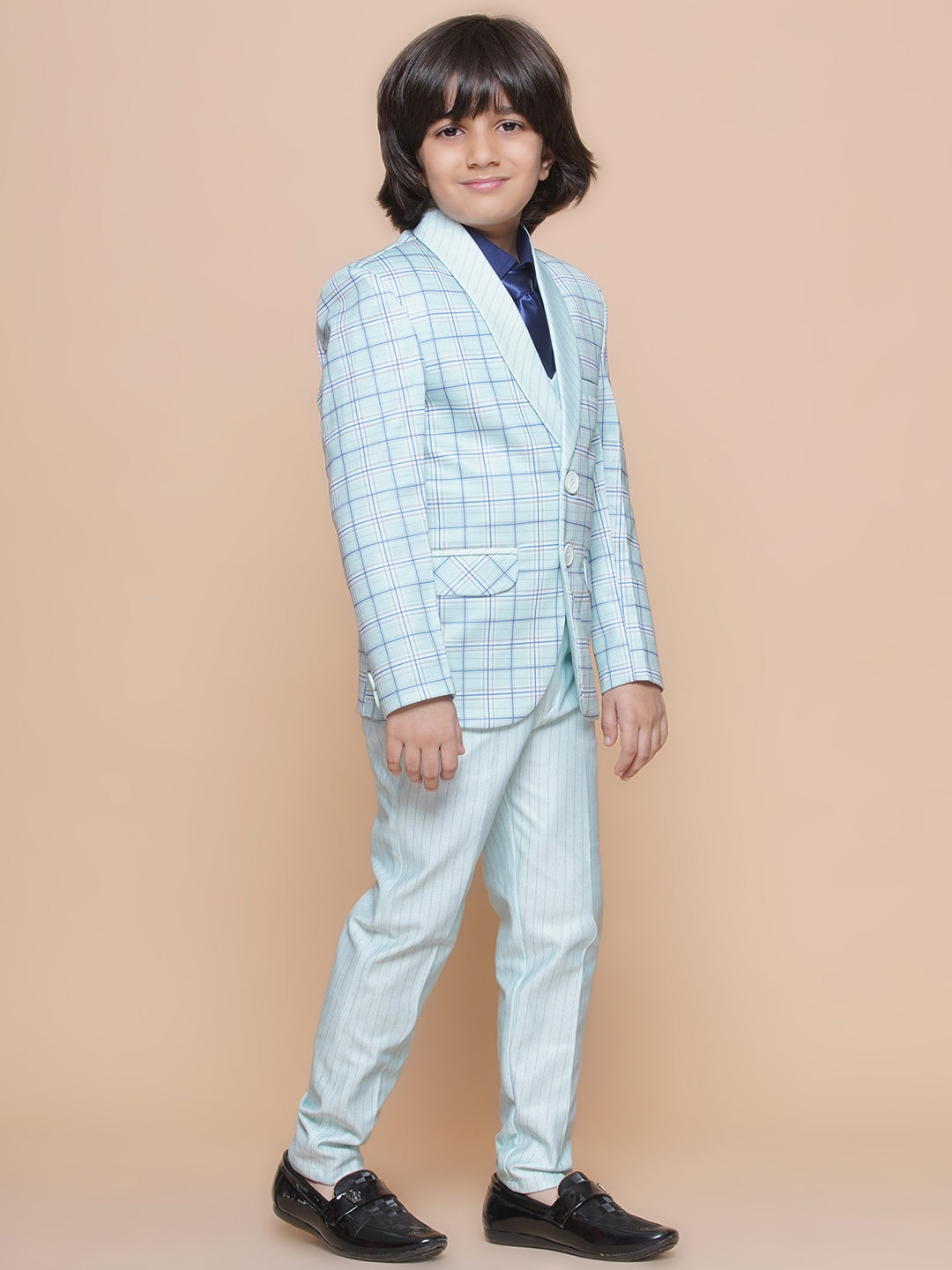 Boys Kids Check Sky Blue Cotton Blend Suit Set - AJ Dezines