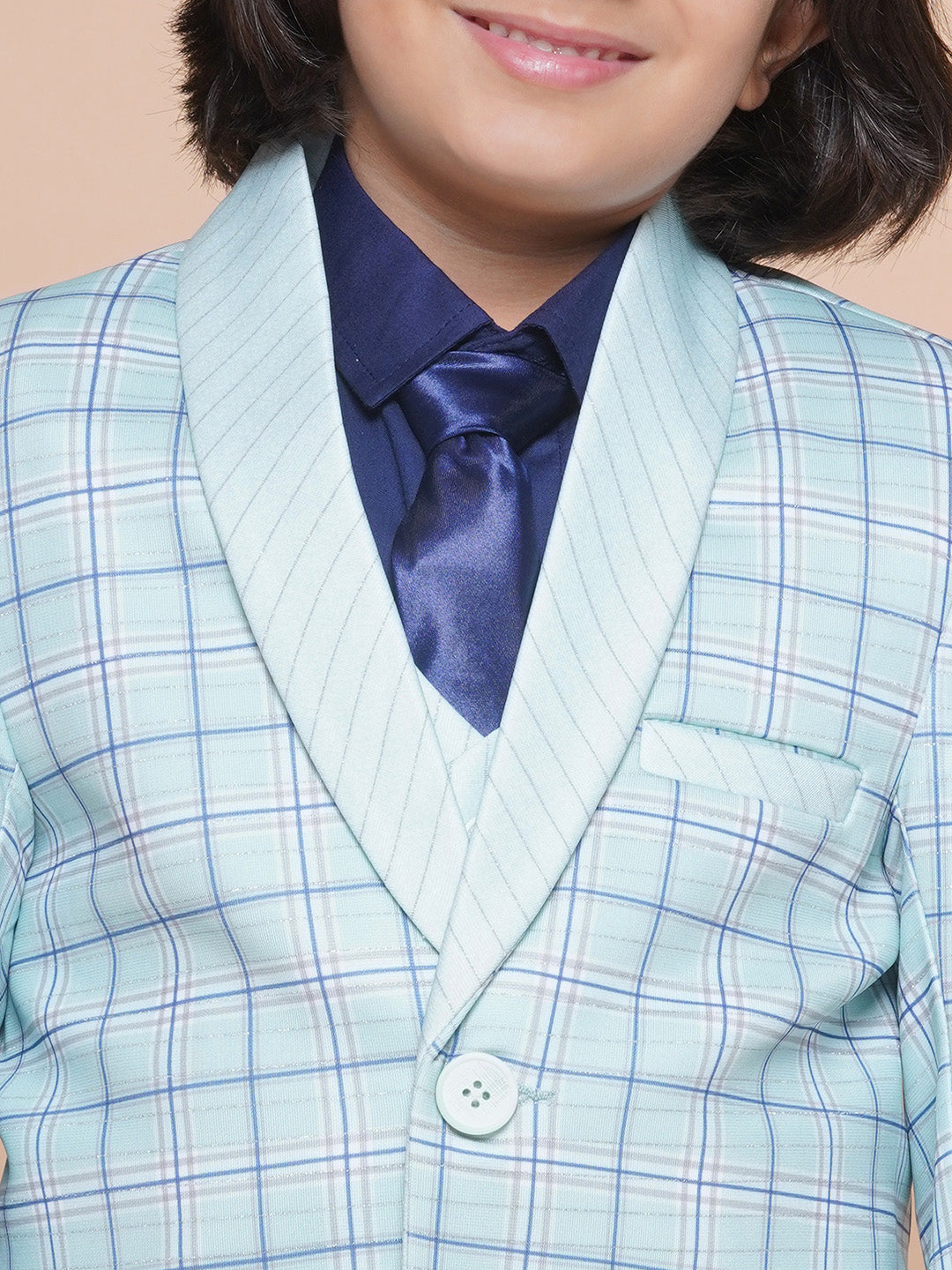 Boys Kids Check Sky Blue Cotton Blend Suit Set - AJ Dezines