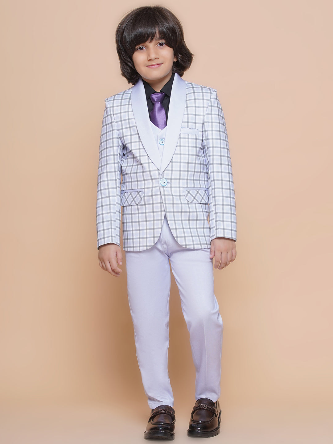 Boys Kids Check Mauve Cotton Blend Suit Set