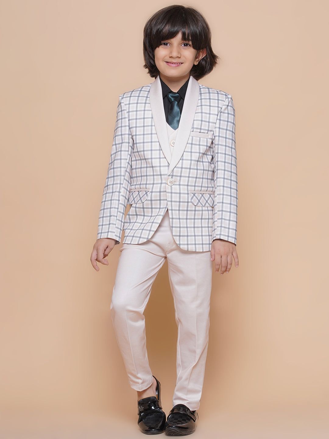 Boys Kids Check Peach Cotton Blend Suit Set - AJ Dezines