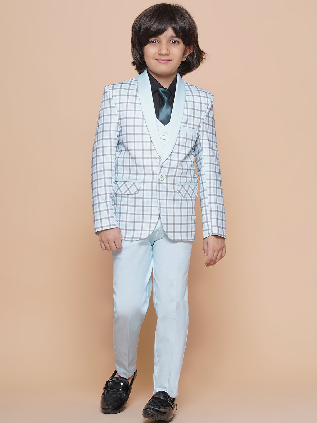 Boys Kids Check Sky Blue Cotton Blend Suit Set - AJ Dezines