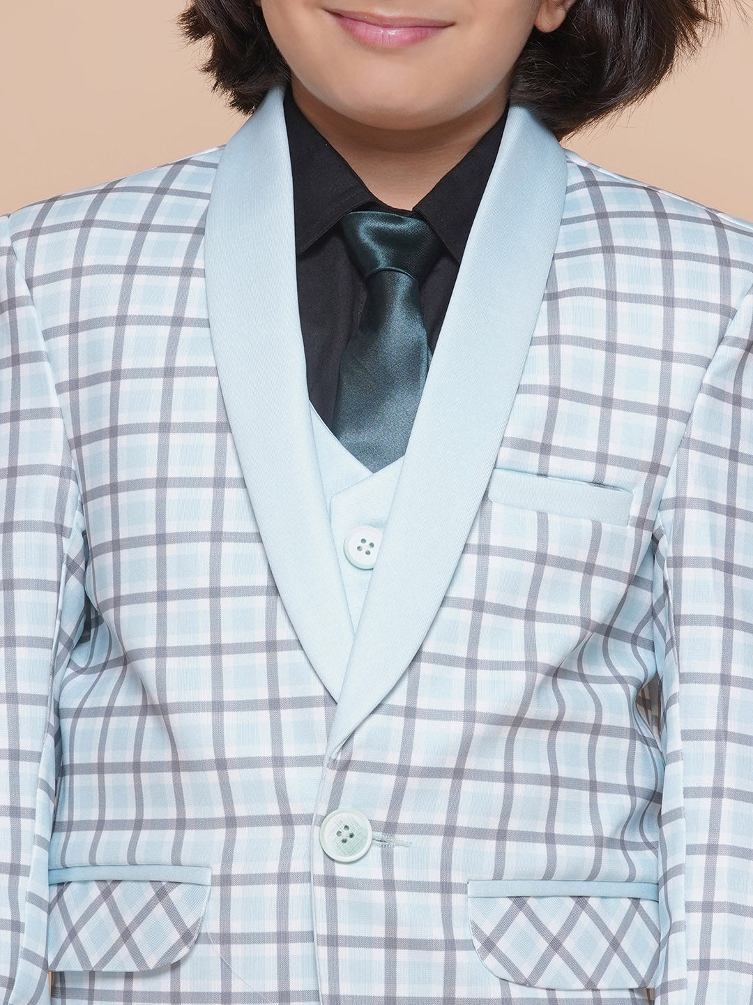 Boys Kids Check Sky Blue Cotton Blend Suit Set - AJ Dezines