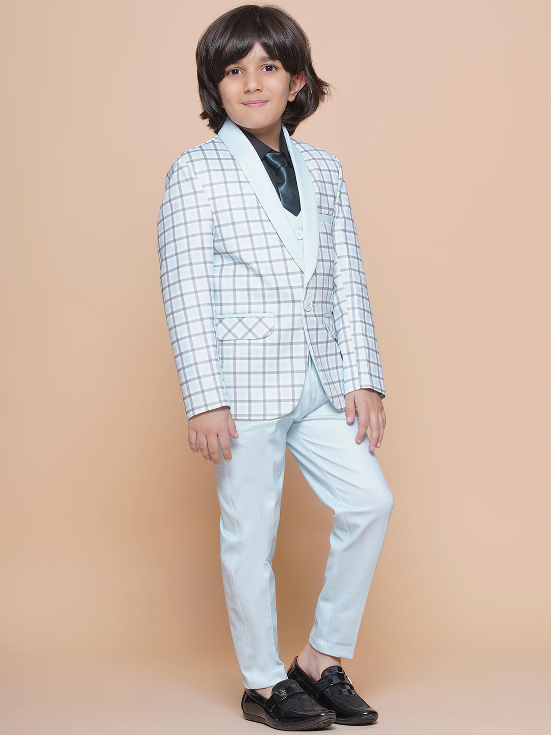 Boys Kids Check Sky Blue Cotton Blend Suit Set - AJ Dezines