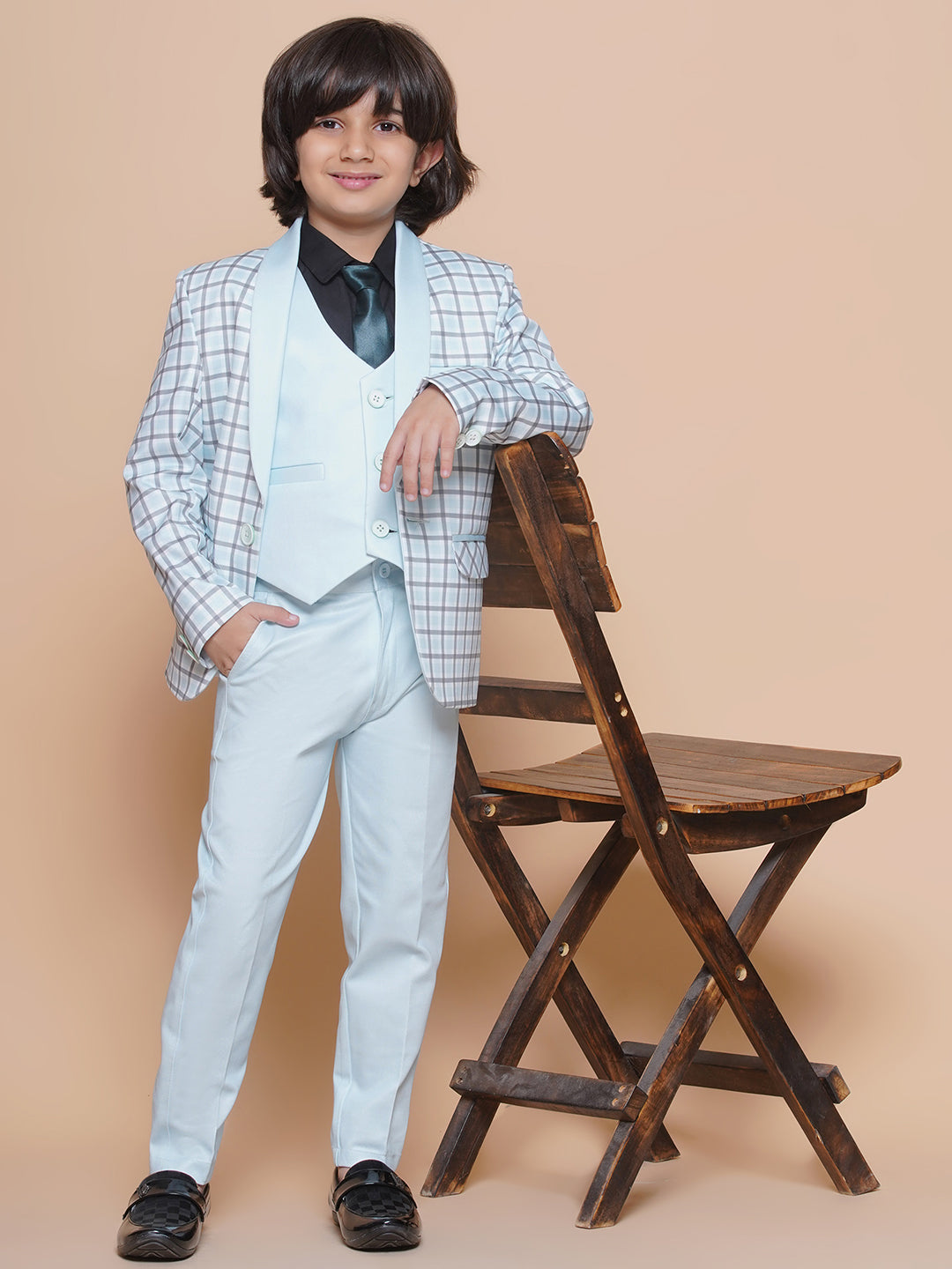 Boys Kids Check Sky Blue Cotton Blend Suit Set - AJ Dezines