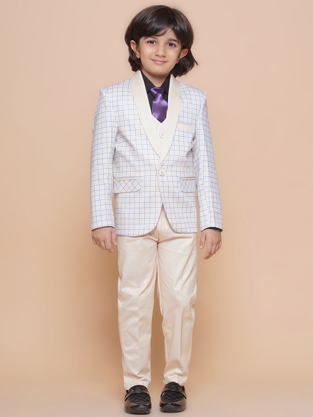 Boys Kids Check Light Yellow Cotton Blend Suit Set - AJ Dezines