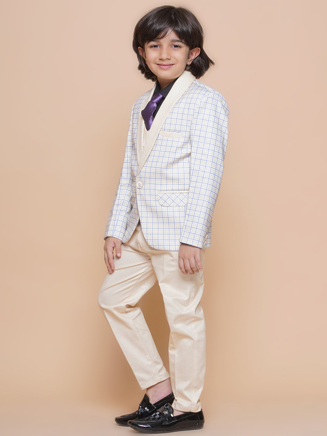 Boys Kids Check Light Yellow Cotton Blend Suit Set - AJ Dezines