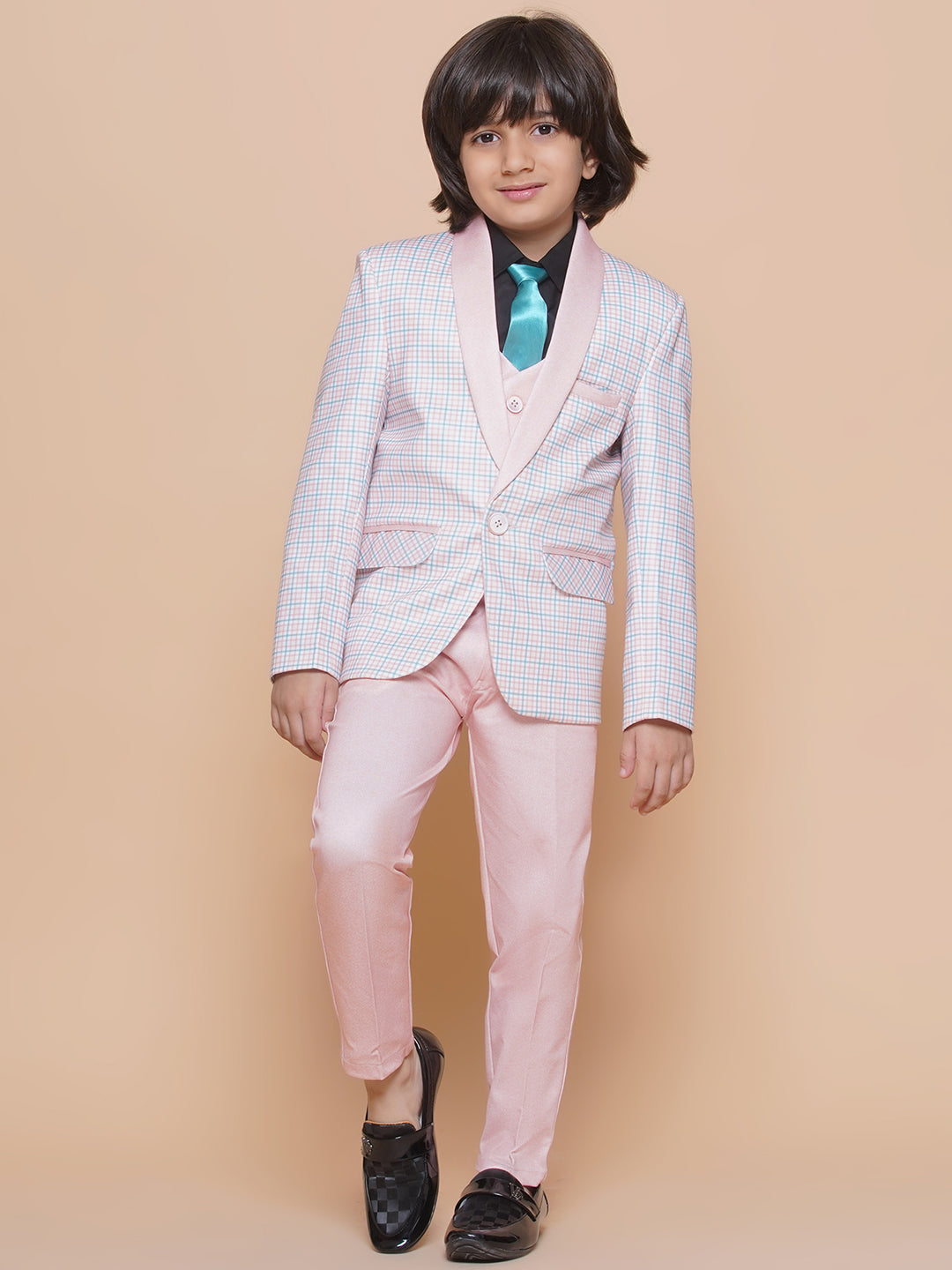 Boys Kids Check Light Peach Cotton Blend Suit Set